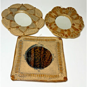 Set 3 Handmade Art Pottery Decorative Wall Mirrors Brown Artisanal Textured Clay